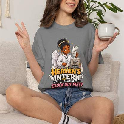 Heaven's Intern T-shirt – Funny Angel Nurse Tee ('Still Learning to Clock Out Petty')
