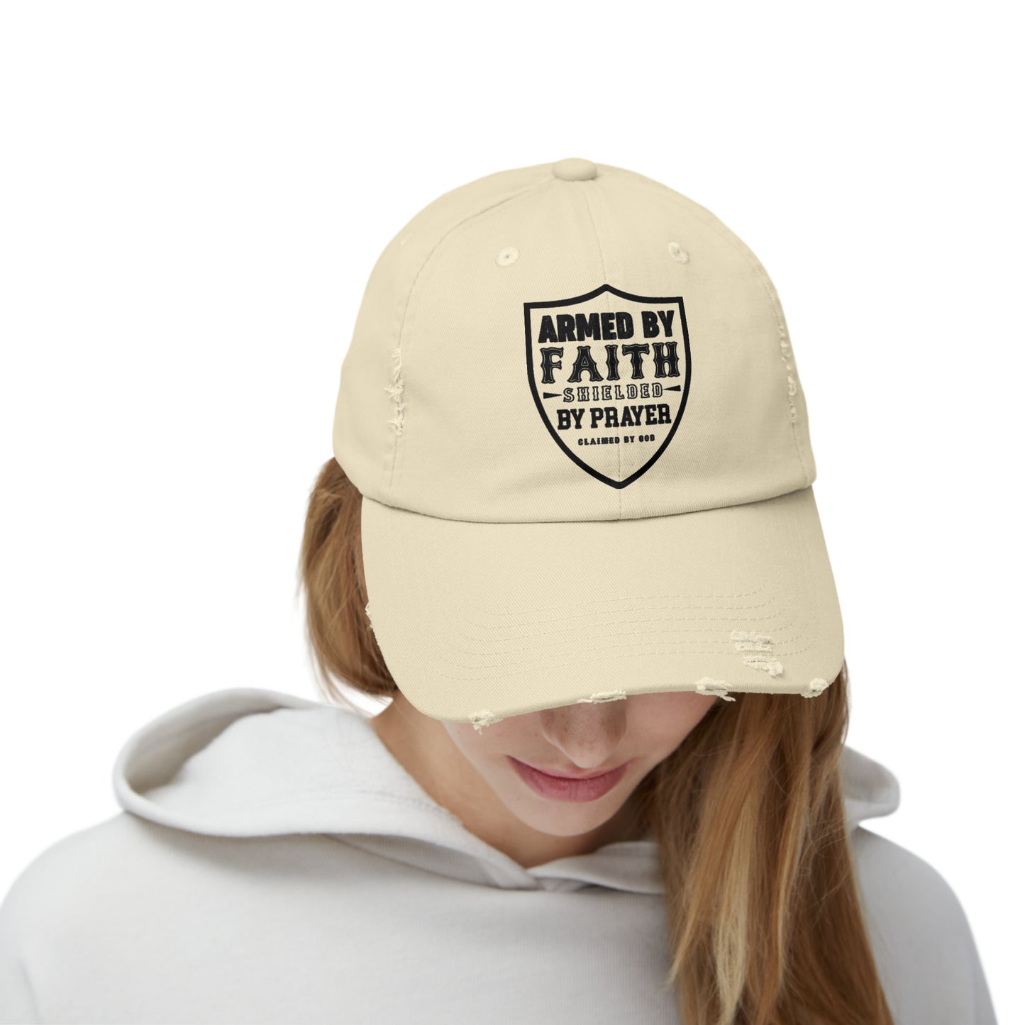 Armed By Faith Shielded By Prayer Unisex Christian Distressed Hat Printify