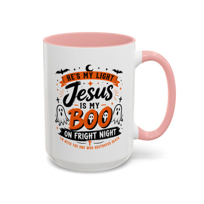 Christian Coffee Mug — "He's My Light, Jesus Is My Boo" Halloween Accent Mug