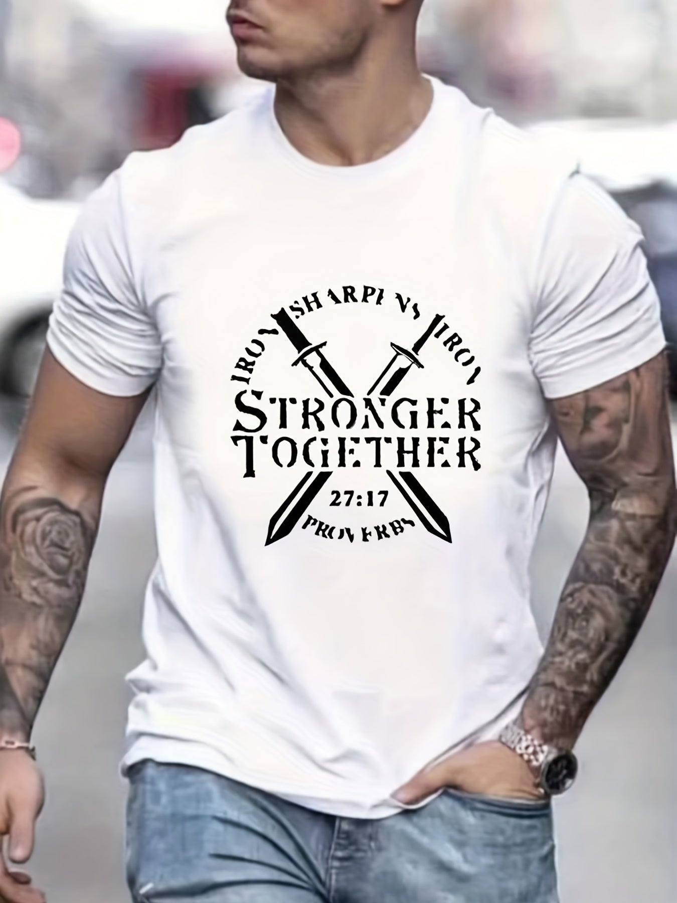 Proverbs 27:17 Iron Sharpens Iron STRONGER TOGETHER Men's Christian T-shirt claimedbygoddesigns