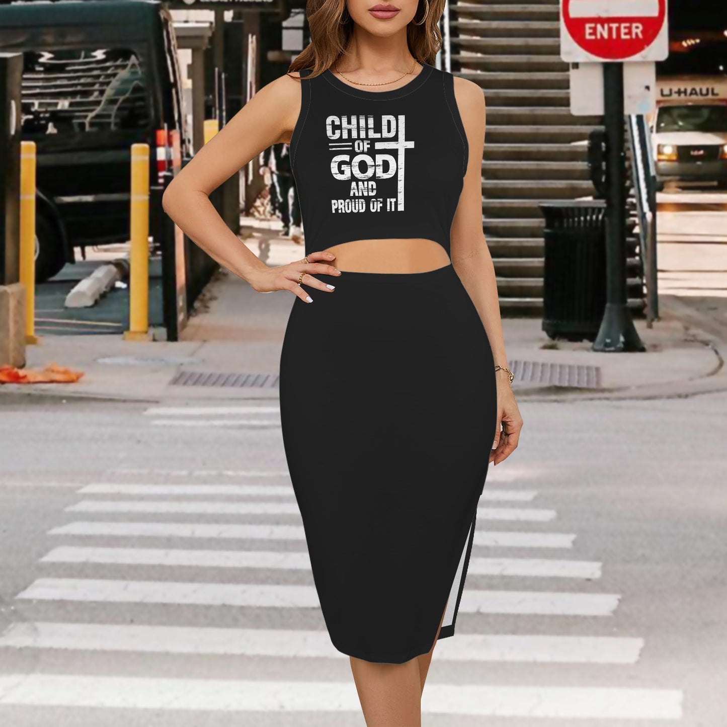 Child Of God And Proud Of It Crew Neck Side Slit Cut Out Sleeveless Christian Bodycon Dress