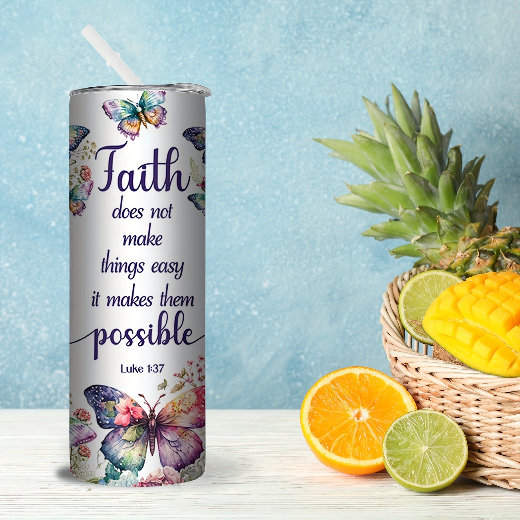 Faith Does Not Make Things Easy It Makes Them Possible Christian Insulated Stainless Steel Tumbler With Lid And Straw, 20oz claimedbygoddesigns