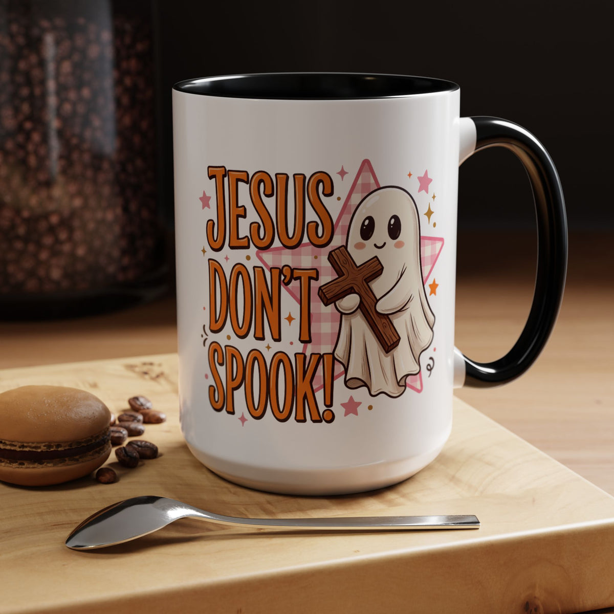 Accent Coffee Mug — "Jesus Don't Spook!" Cute Ghost Christian Coffee Mug (11/15oz)