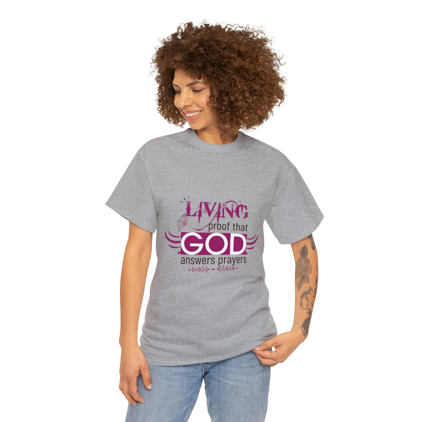 Living Proof That God Answers Prayers Unisex Heavy Cotton Tee