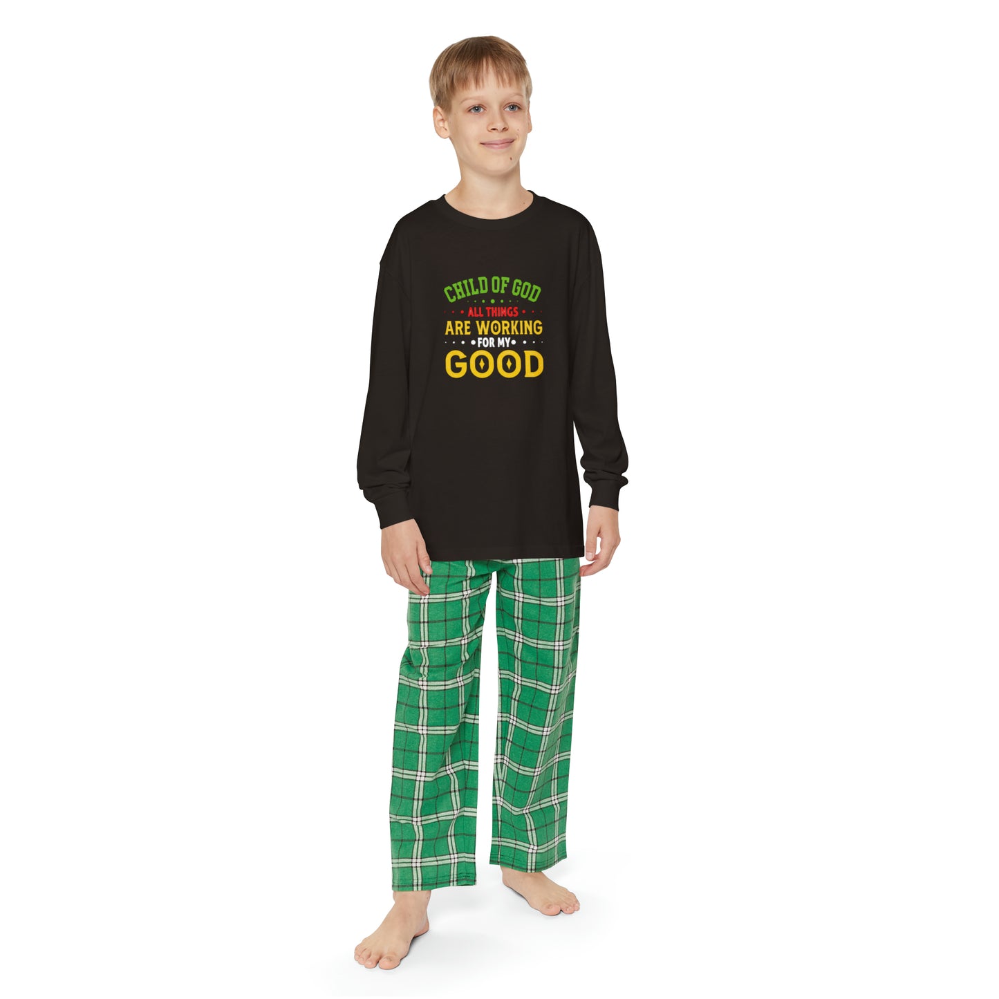 Child Of God All Things Are Working For My Good Youth Christian Long Sleeve Pajama Set Printify