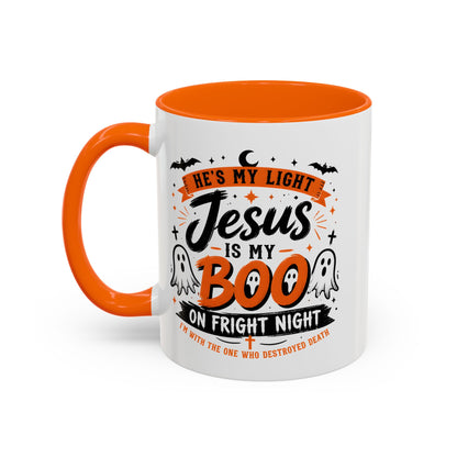 Christian Coffee Mug — "He's My Light, Jesus Is My Boo" Halloween Accent Mug