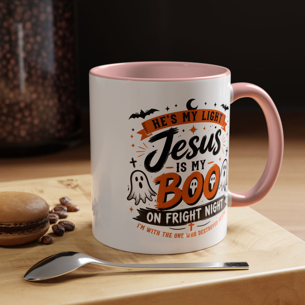 Christian Coffee Mug — "He's My Light, Jesus Is My Boo" Halloween Accent Mug