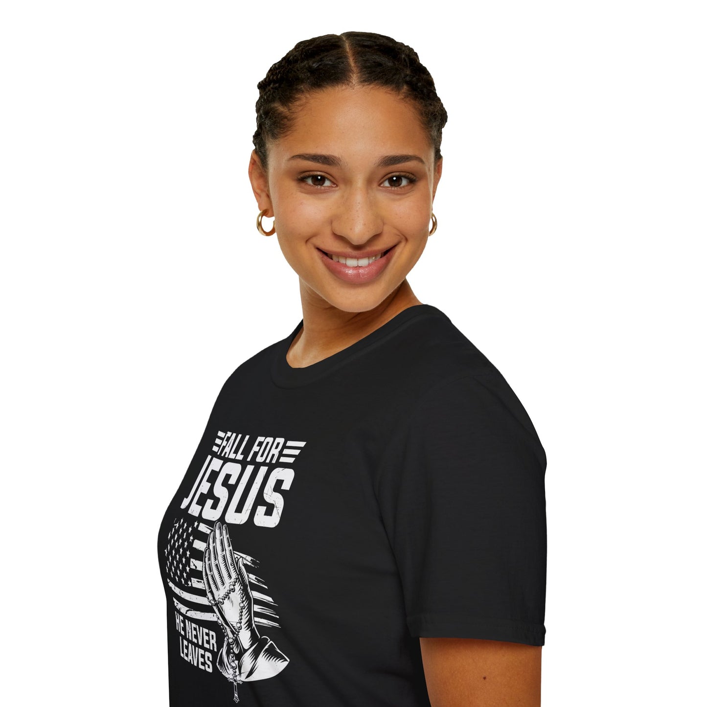 Fall For Jesus He Never Leaves American Patriotic Christian Unisex T-shirt