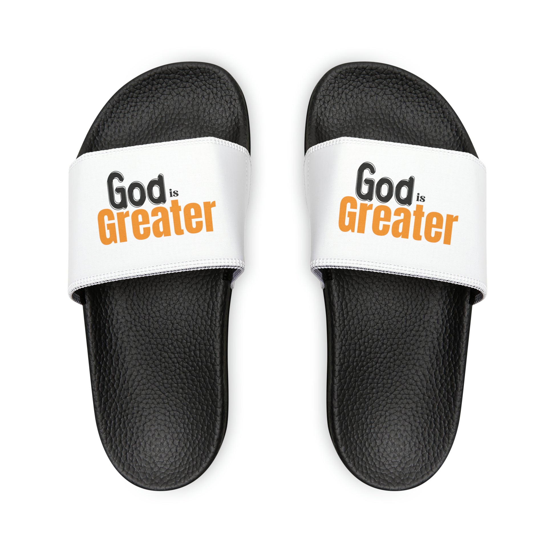 God Is Greater Women's PU Christian Slide Sandals Printify