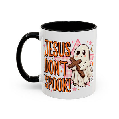 Accent Coffee Mug — "Jesus Don't Spook!" Cute Ghost Christian Coffee Mug (11/15oz)