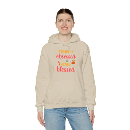 Pumpkin Obsessed And Blessed by Him Halloween Unisex Christian Pullover Hooded Sweatshirt