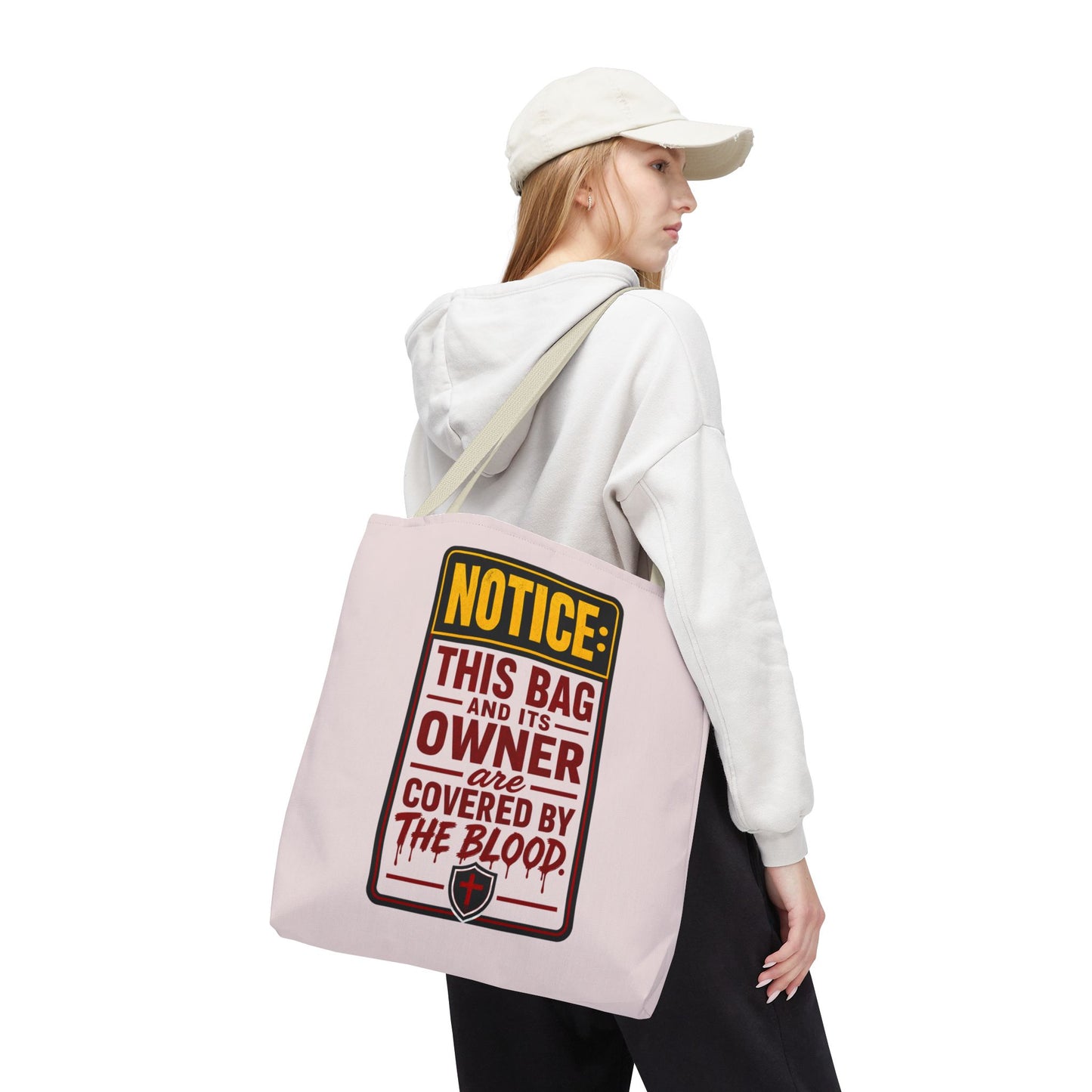 Tote Bag — "NOTICE: This Bag and Its Owner Are Covered by the Blood" Christian Faith Tote - ClaimedbyGodDesigns