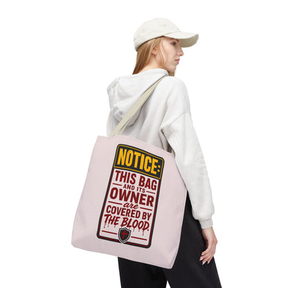 Tote Bag — "NOTICE: This Bag and Its Owner Are Covered by the Blood" Christian Faith Tote - ClaimedbyGodDesigns