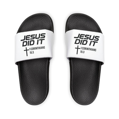 He Did It Men's Christian Slide Sandals — Christian Scripture 1 Corinthians 15:3 Pool Slides