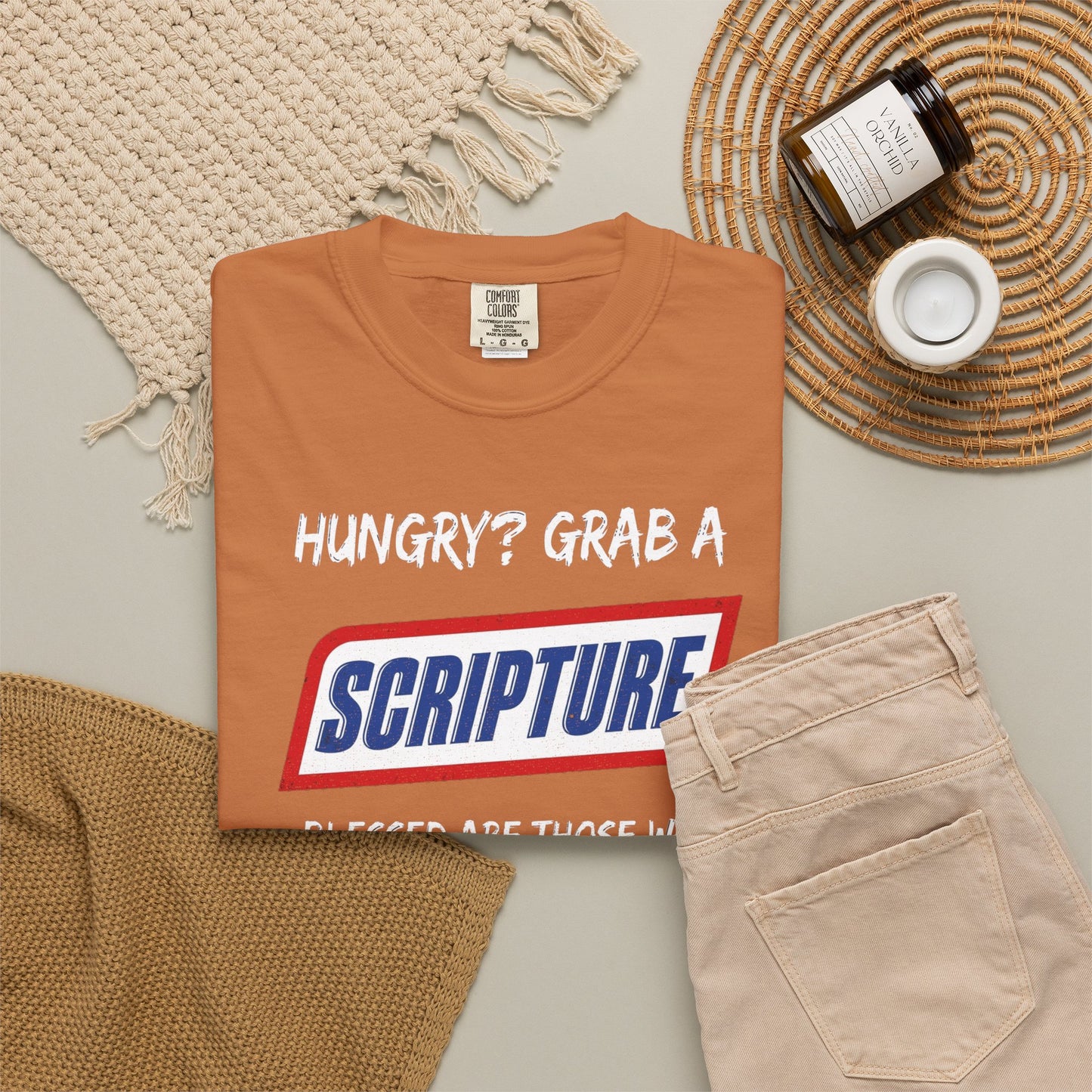 Scripture Snack T-Shirt — "Hungry? Grab a Scripture" Matthew 5:6 Christian Tee