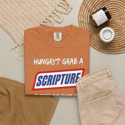 Scripture Snack T-Shirt — "Hungry? Grab a Scripture" Matthew 5:6 Christian Tee