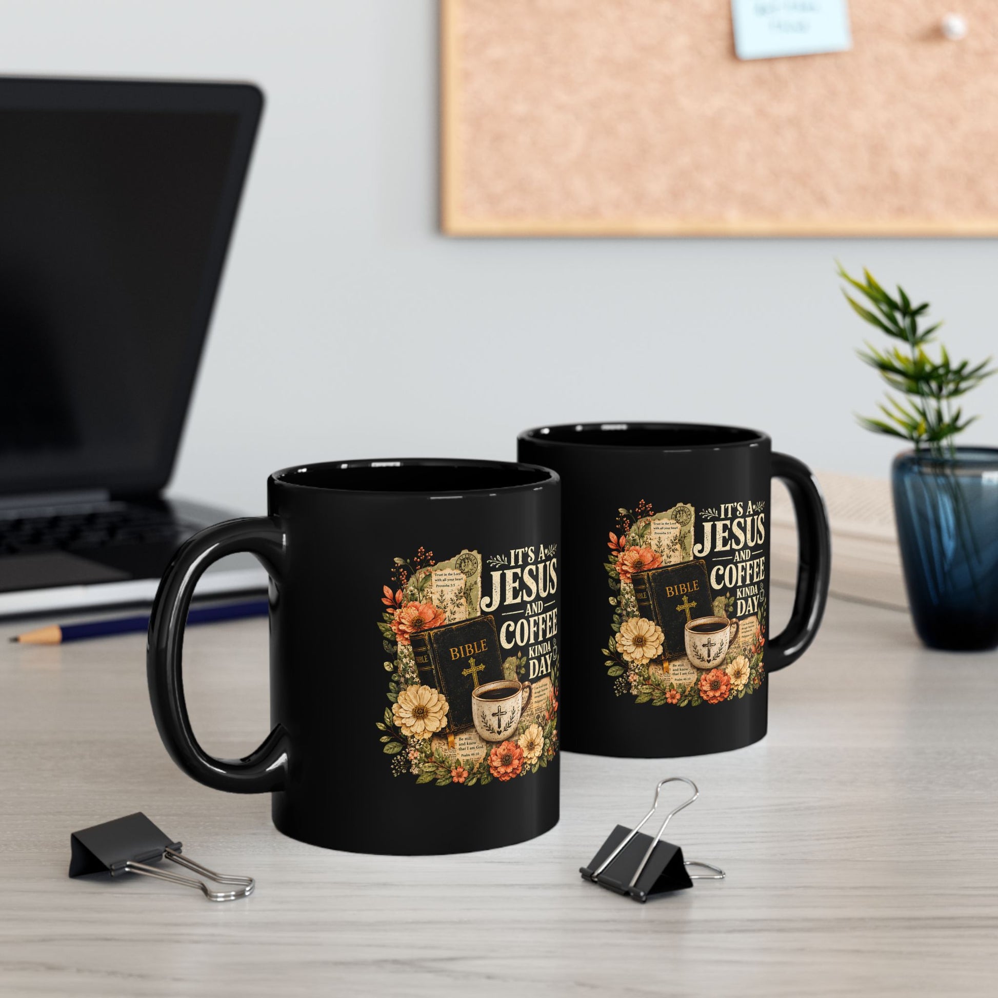 Jesus and Coffee Black Mug — Floral Bible Faith Coffee Cup (11oz/15oz) - ClaimedbyGodDesigns