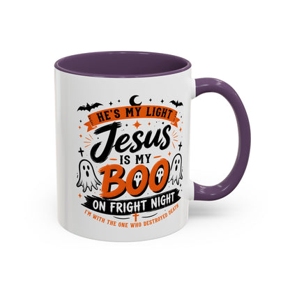 Christian Coffee Mug — "He's My Light, Jesus Is My Boo" Halloween Accent Mug