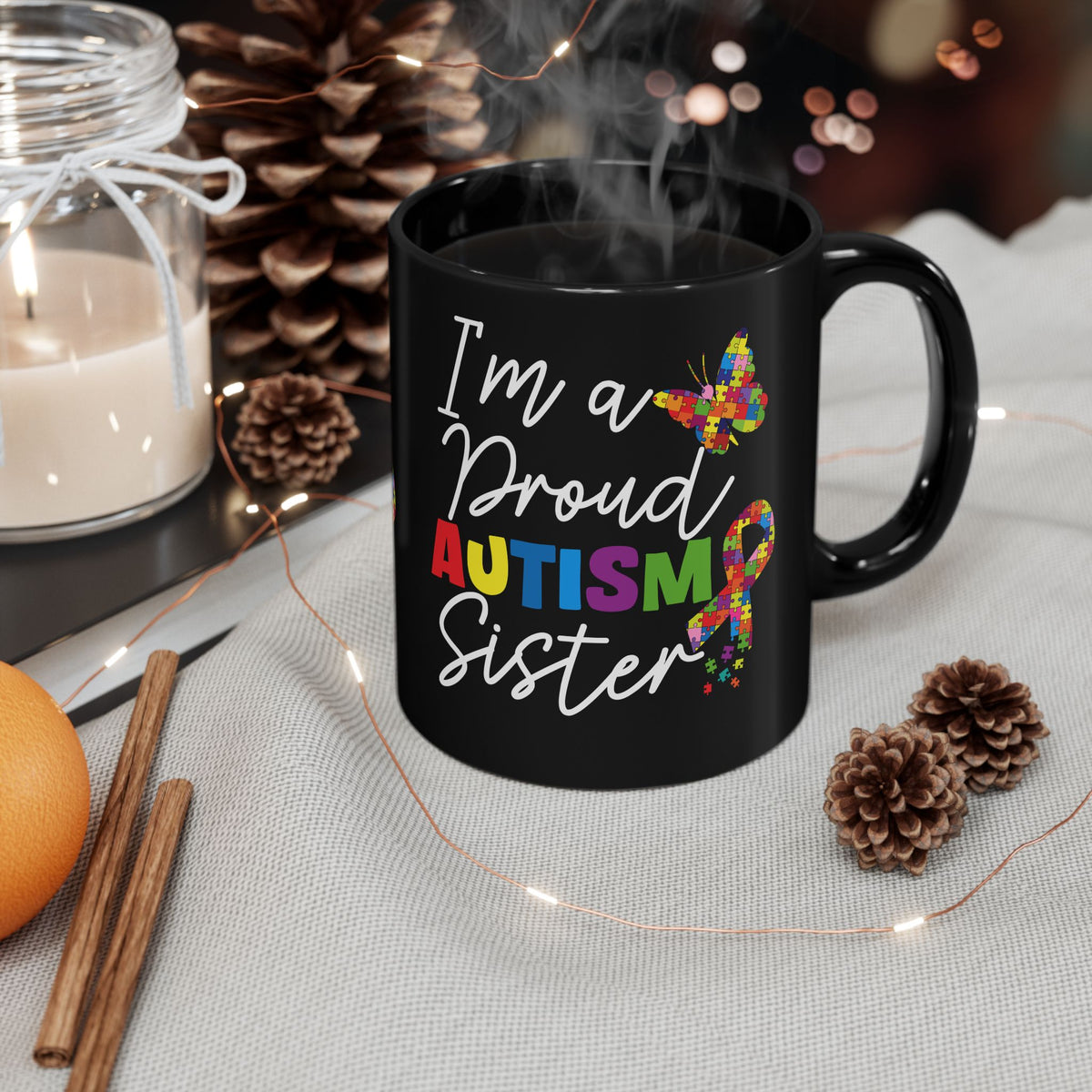 Proud Autism Sister black coffee mug