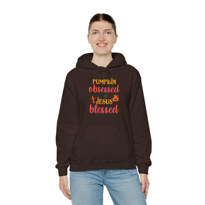 Pumpkin Obsessed And Blessed by Him Halloween Unisex Christian Pullover Hooded Sweatshirt