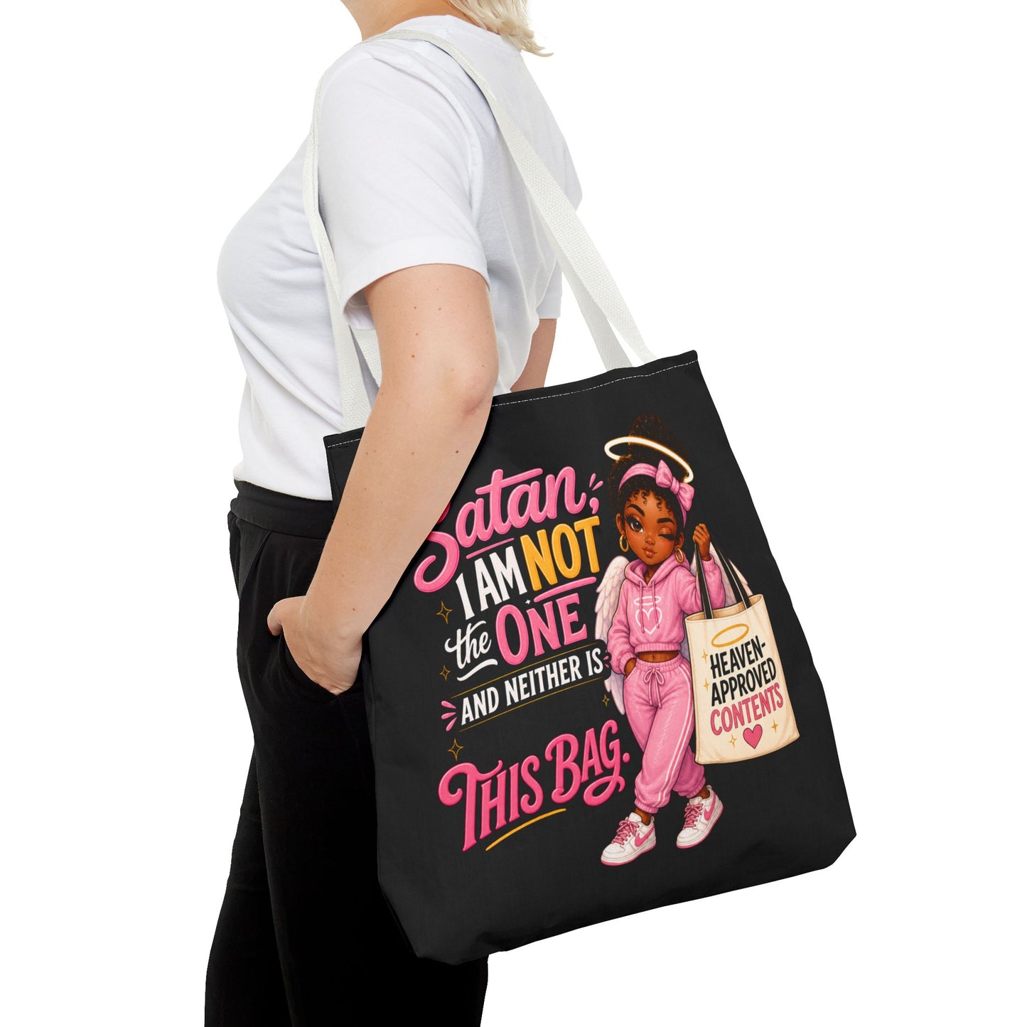 Tote Bag — "Satan I Am Not The One" Retro Angel Girl Tote (Heaven Approved Content) - ClaimedbyGodDesigns
