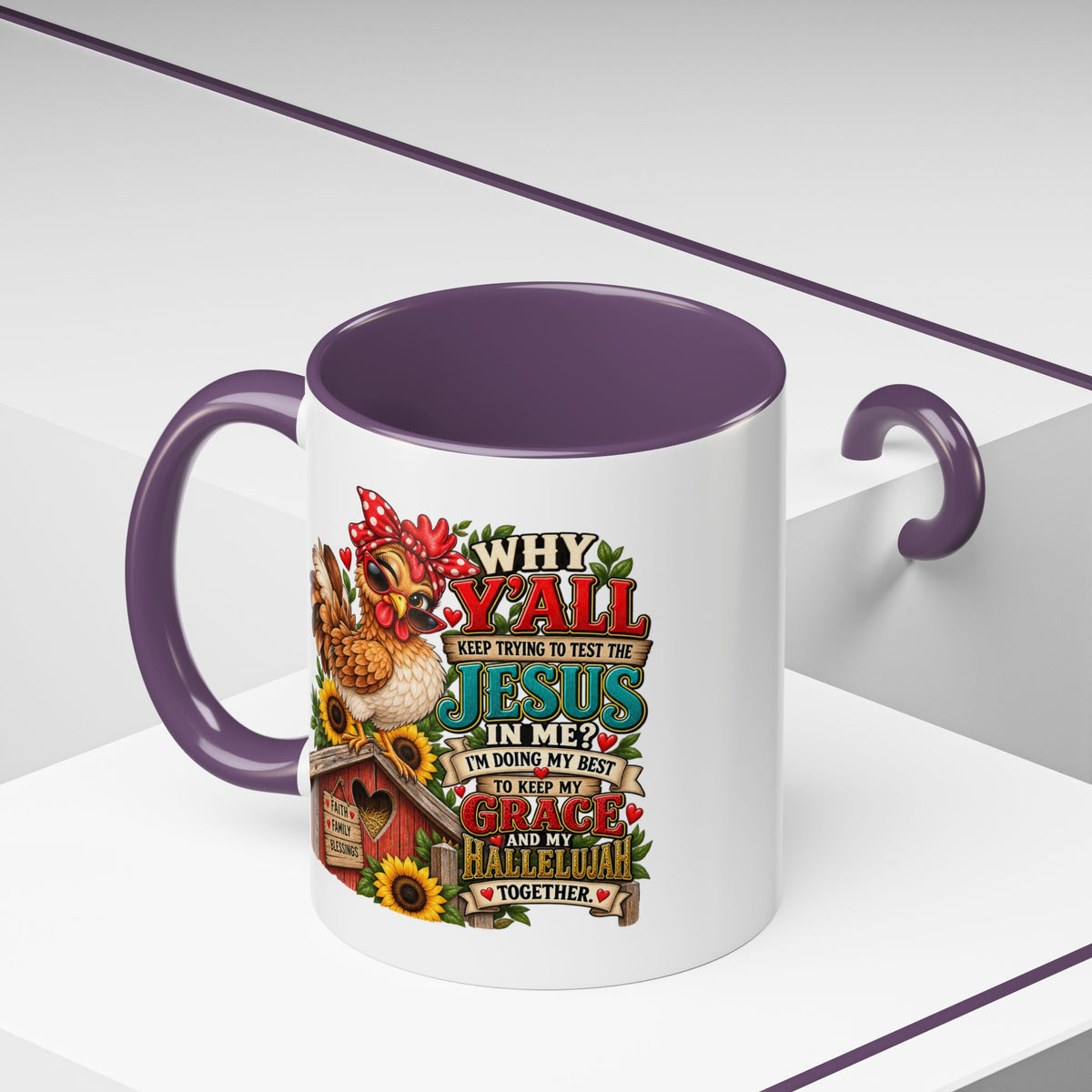 Christian Farmhouse Coffee Mug — "Why Y'all Keep Trying to Put Jesus in Me?" Accent Mug