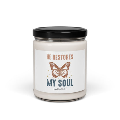Inspirational Scented Soy Christian Candle - "He Restores My Soul" (Psalm 23:3) - 9oz