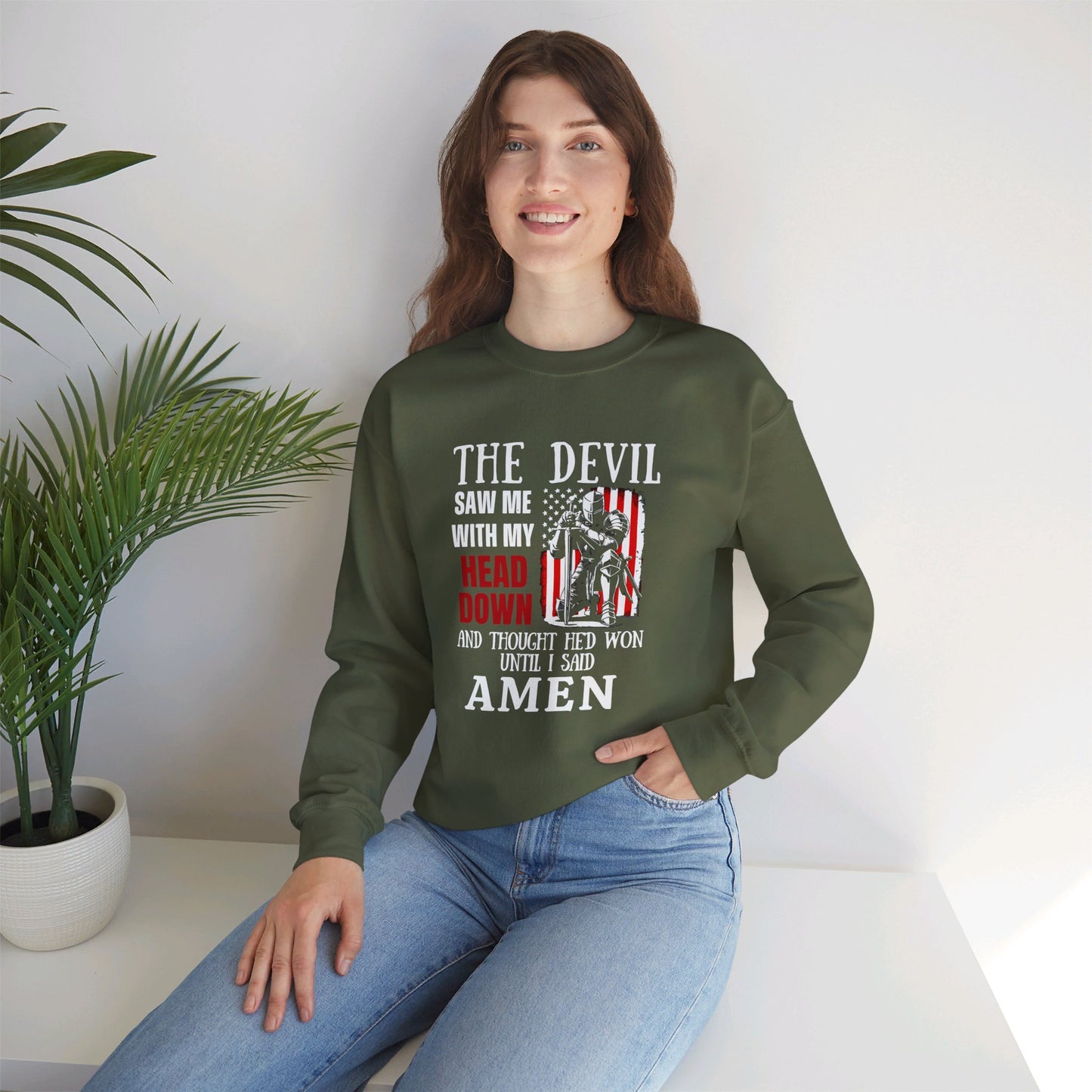 The Devil Saw Me With My Head Down And Thought He'd Won Until I Said Amen American Patriotic Flag Unisex Heavy Blend™ Crewneck Christian Sweatshirt