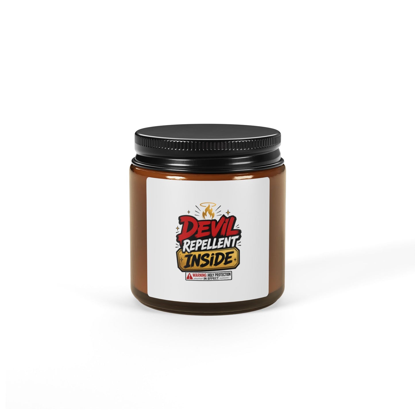 Soy Candle — “Devil Repellent Inside” Amber Jar (Scented, Multi - Size) - ClaimedbyGodDesigns