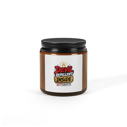 Soy Candle — “Devil Repellent Inside” Amber Jar (Scented, Multi - Size) - ClaimedbyGodDesigns