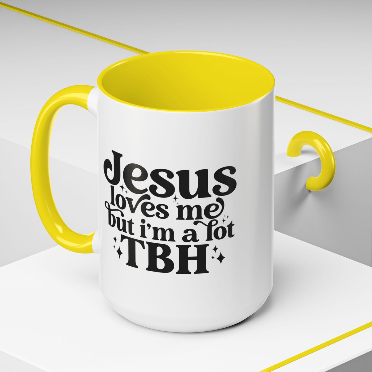 Christian Accent Coffee Mug — "Jesus Loves Me but I'm a Lot TBH" Religious Christian Gift