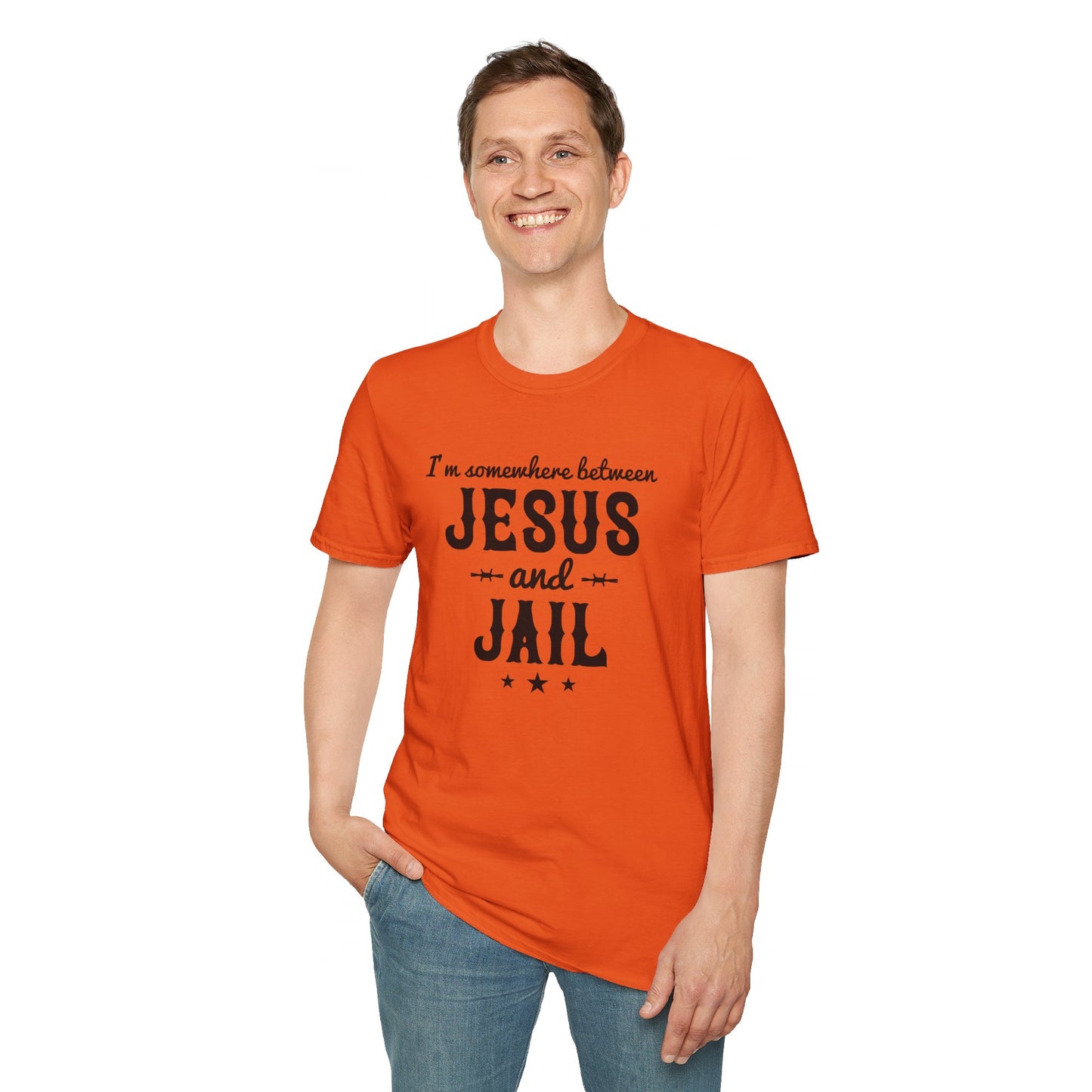 I'm Somewhere Between Jesus And Jail Funny Unisex Christian T-shirt