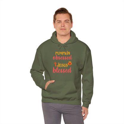 Pumpkin Obsessed And Blessed by Him Halloween Unisex Christian Pullover Hooded Sweatshirt