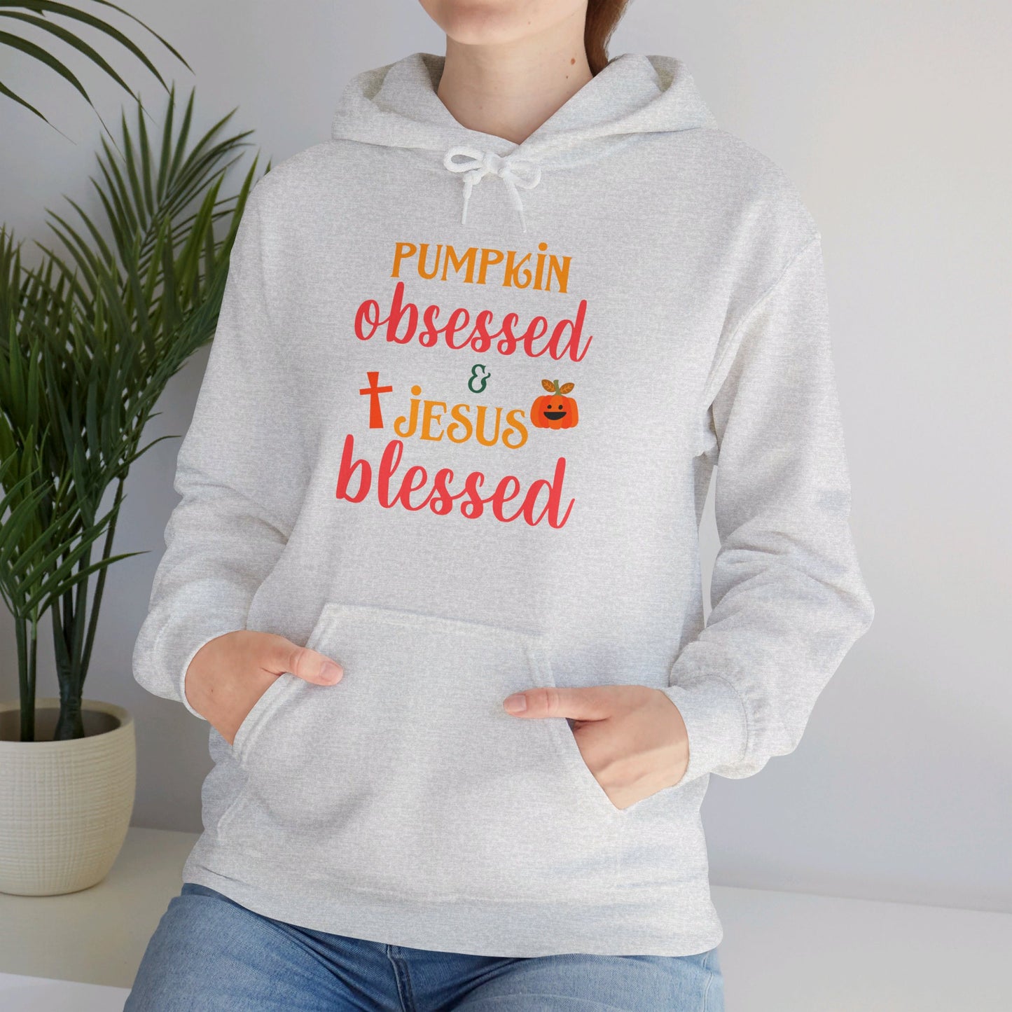 Pumpkin Obsessed And Jesus Blessed Halloween Unisex Christian Pullover Hooded Sweatshirt