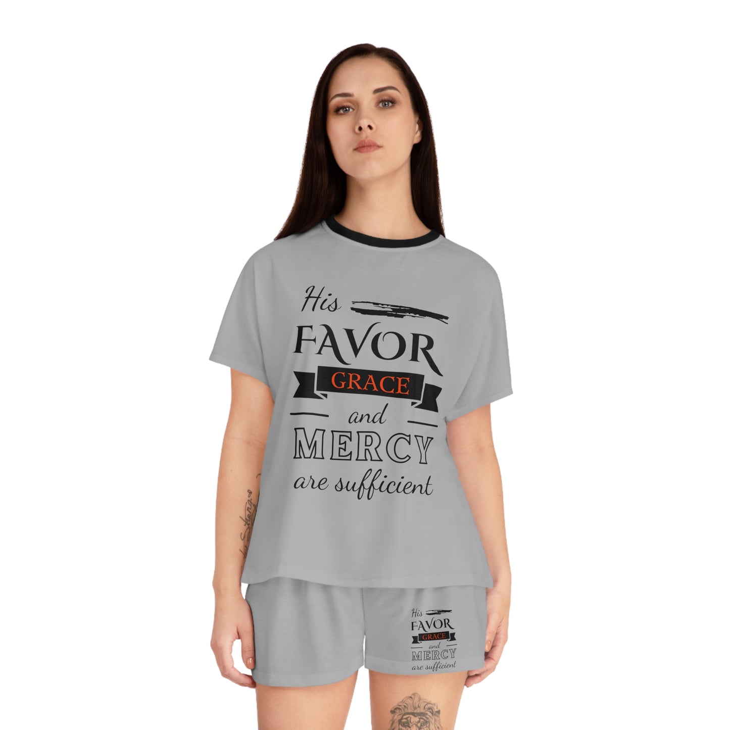 His Favor Grace & Mercy Are Sufficient Women's Christian Short Pajama Set Printify