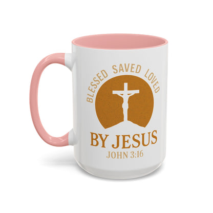 Inspirational Accent Coffee Mug - Blessed, Saved, Loved by Him | John 3:16