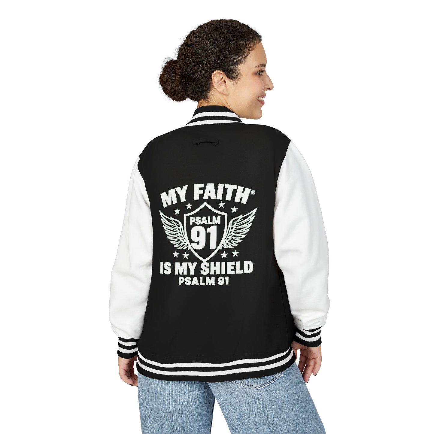 Letterman Jacket — “My Faith Is My Shield” 91 Vintage Varsity Jacket - ClaimedbyGodDesigns