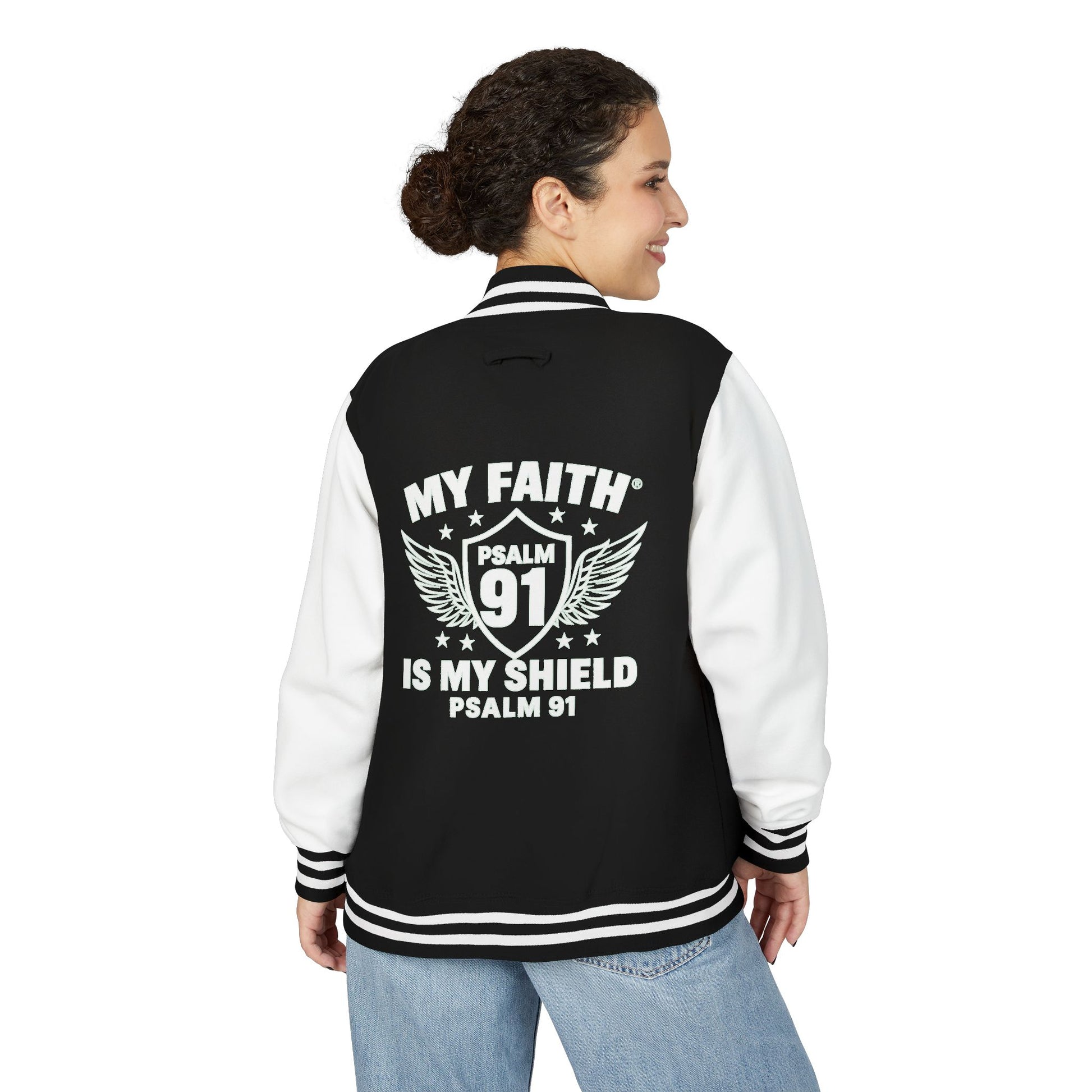 Letterman Jacket — “My Faith Is My Shield” 91 Vintage Varsity Jacket - ClaimedbyGodDesigns