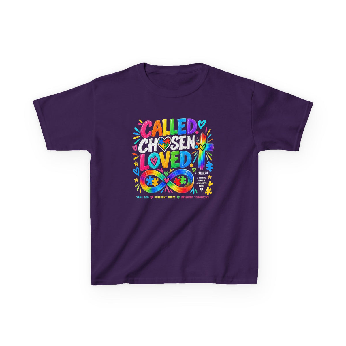 Youth Autism Awareness T-Shirt — "Called Chosen Loved" Colorful Faith Tee