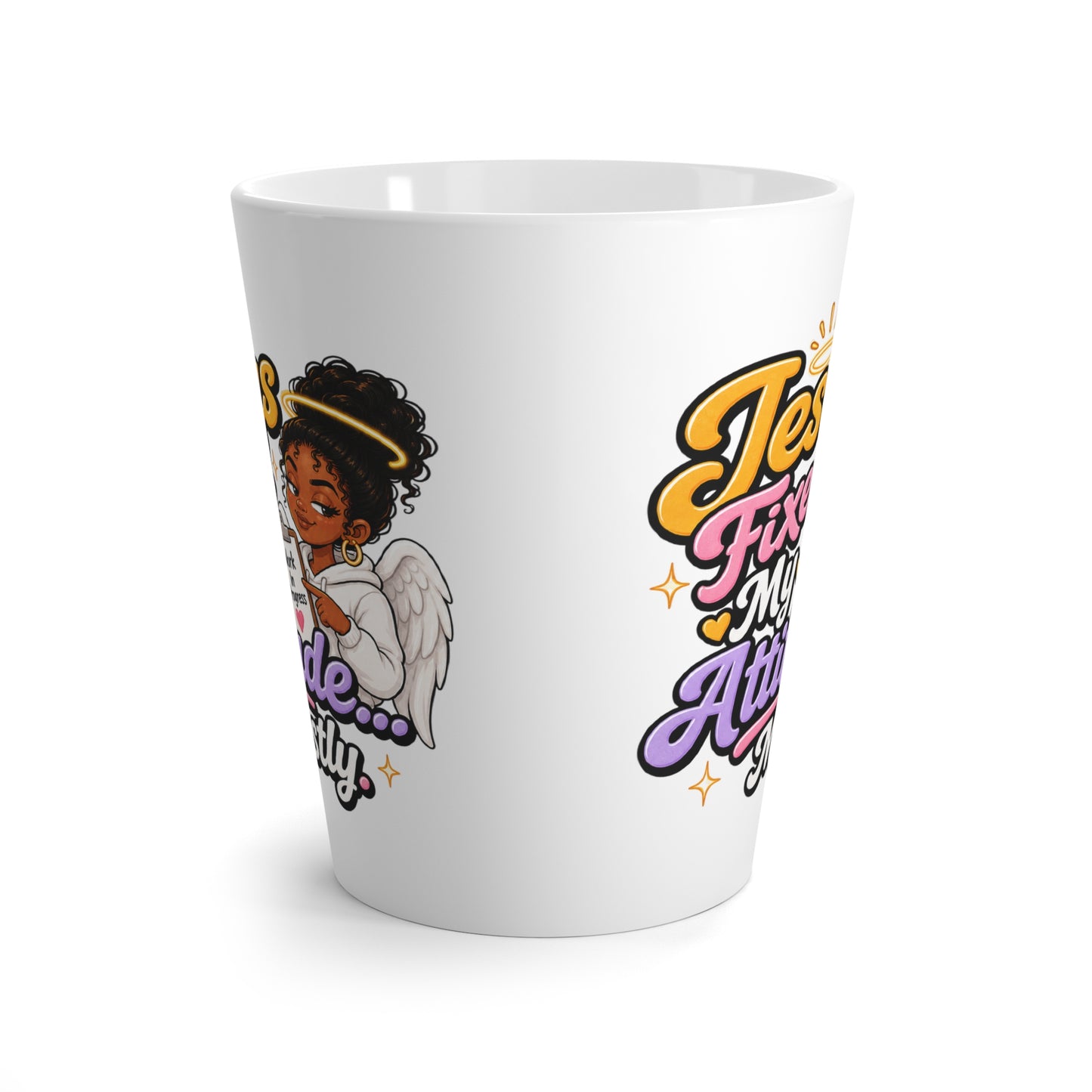 Latte Mug - Jesus Fixed My Attitude Mostly Coffee Cup (Christian Faith, Funny Religious Gift) - ClaimedbyGodDesigns