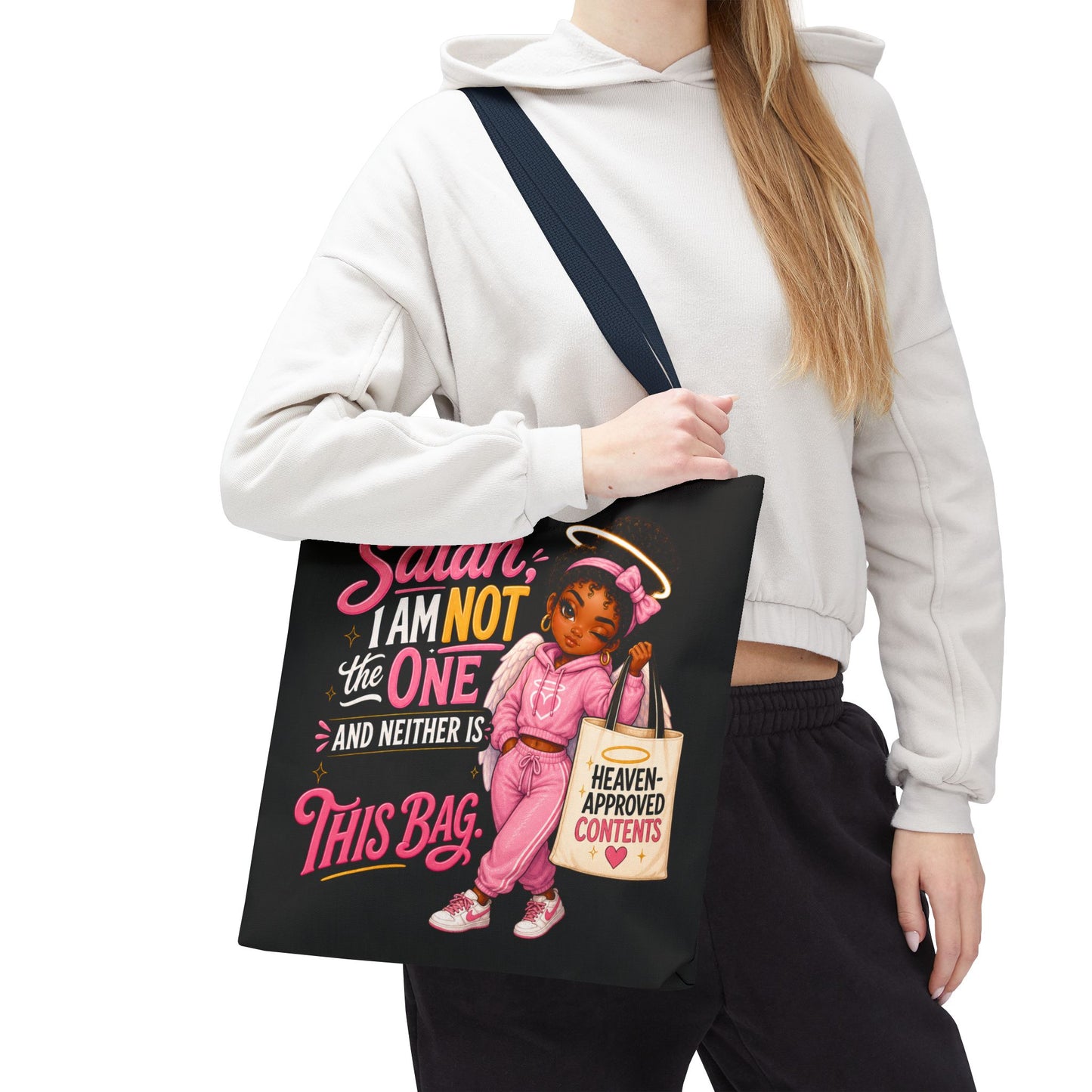 Tote Bag — "Satan I Am Not The One" Retro Angel Girl Tote (Heaven Approved Content) - ClaimedbyGodDesigns