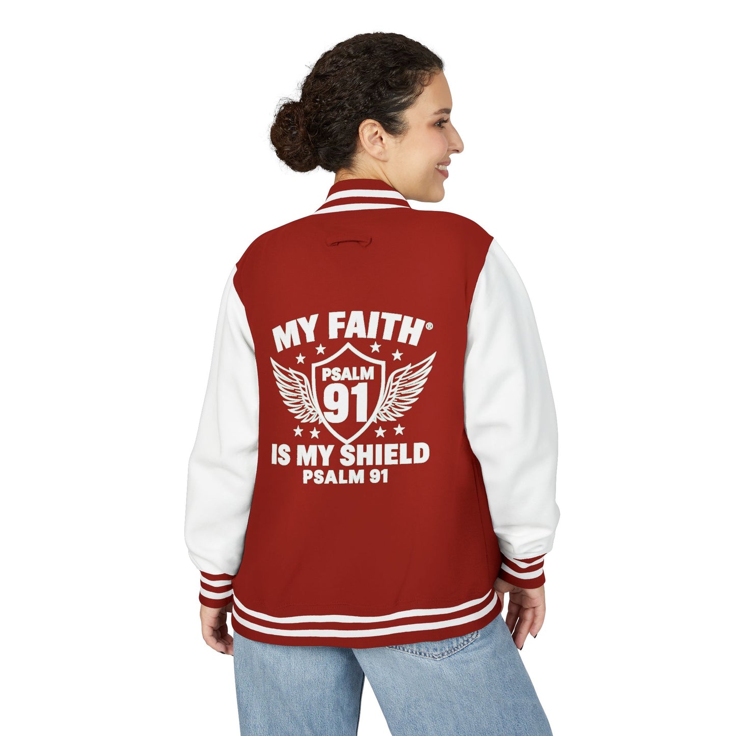 Letterman Jacket — “My Faith Is My Shield” 91 Vintage Varsity Jacket - ClaimedbyGodDesigns