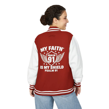 Letterman Jacket — “My Faith Is My Shield” 91 Vintage Varsity Jacket - ClaimedbyGodDesigns