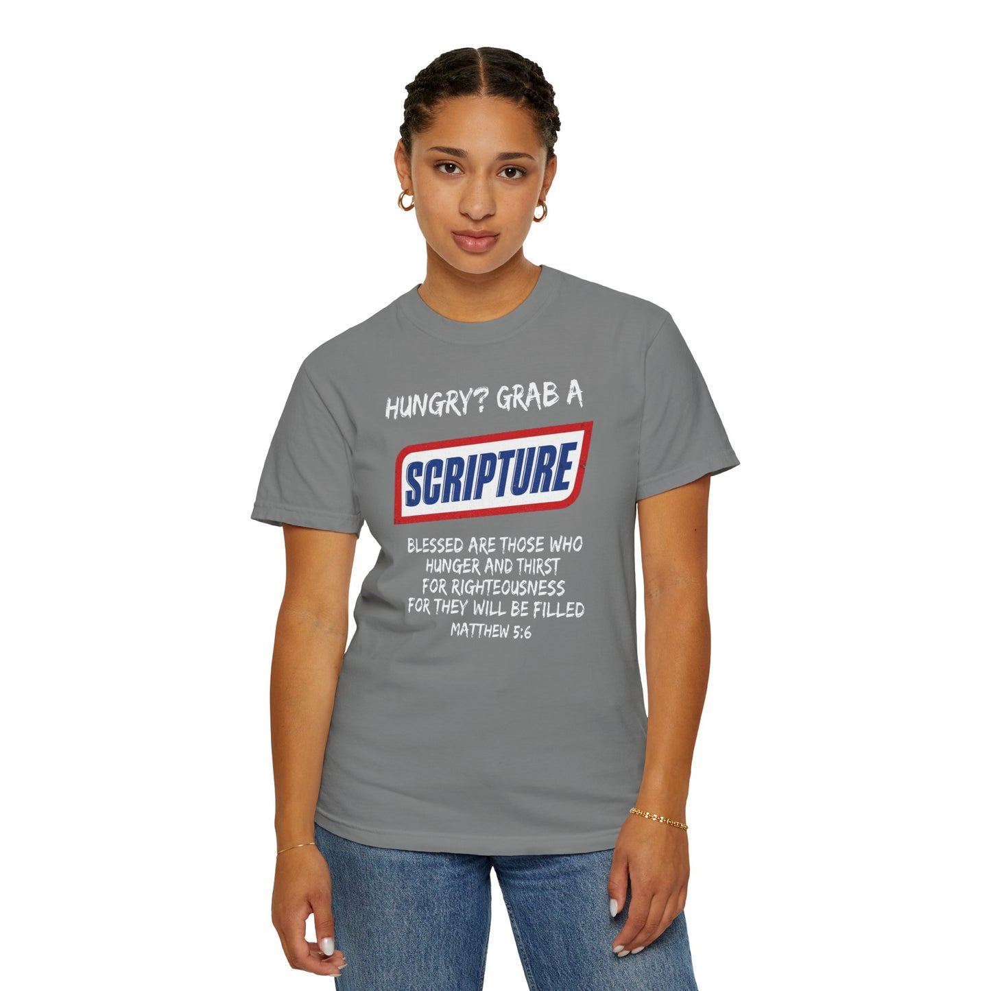 Scripture Snack T-Shirt — "Hungry? Grab a Scripture" Matthew 5:6 Christian Tee