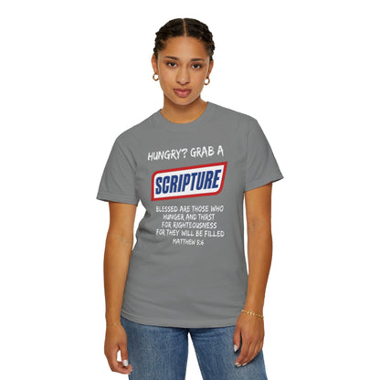 Scripture Snack T-Shirt — "Hungry? Grab a Scripture" Matthew 5:6 Christian Tee