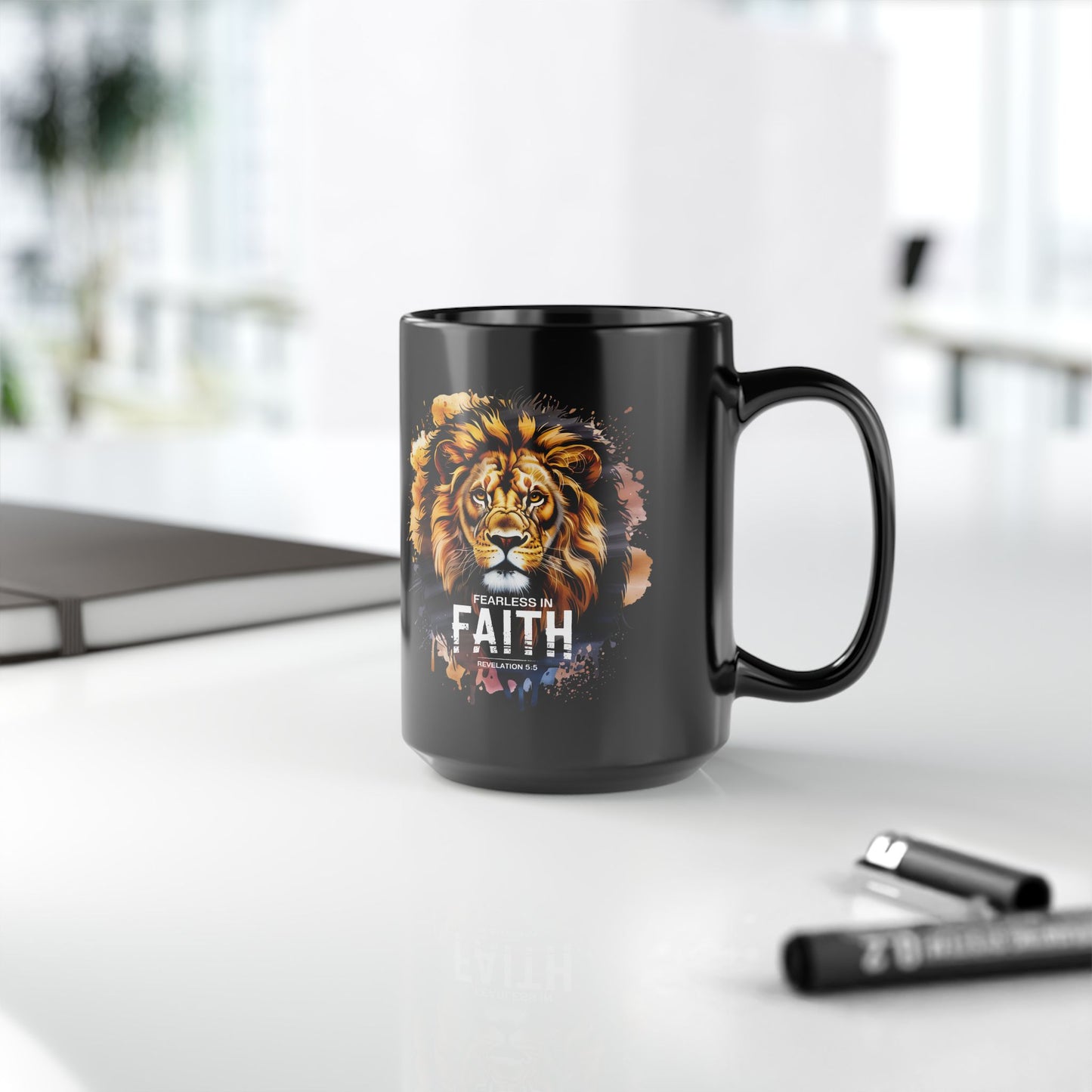 Fearless in Faith Lion Black Ceramic Mug - 11oz & 15oz - Inspirational Ceramic Coffee Cup