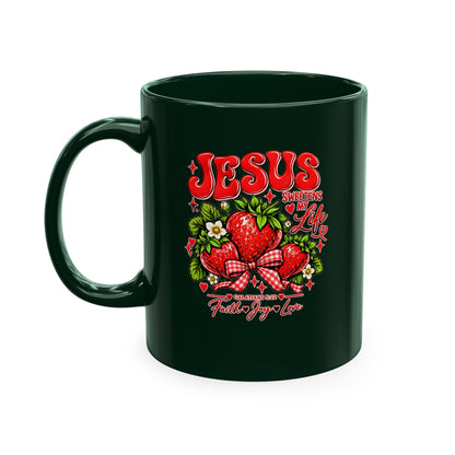 Ceramic Mug — "Jesus Sweetens My Life" Strawberry Faith Coffee Cup
