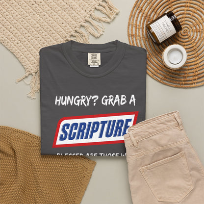 Scripture Snack T-Shirt — "Hungry? Grab a Scripture" Matthew 5:6 Christian Tee