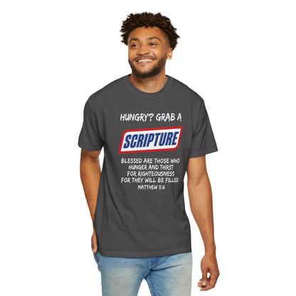 Scripture Snack T-Shirt — "Hungry? Grab a Scripture" Matthew 5:6 Christian Tee