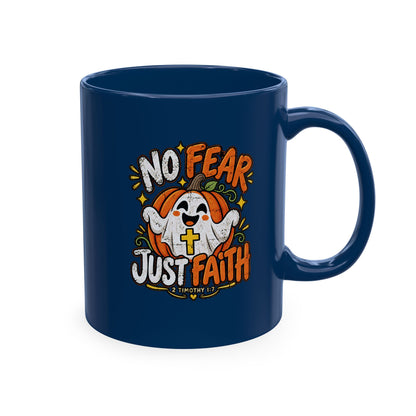 Halloween Ghost Christian Ceramic Mug — "No Fear, Just Faith" Pumpkin Coffee Cup
